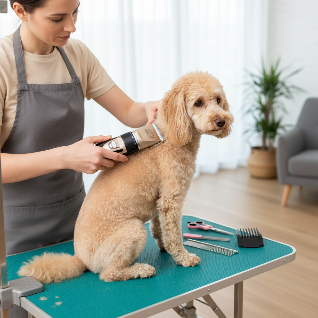 Cortando pelo de Poodle con máquina profesional